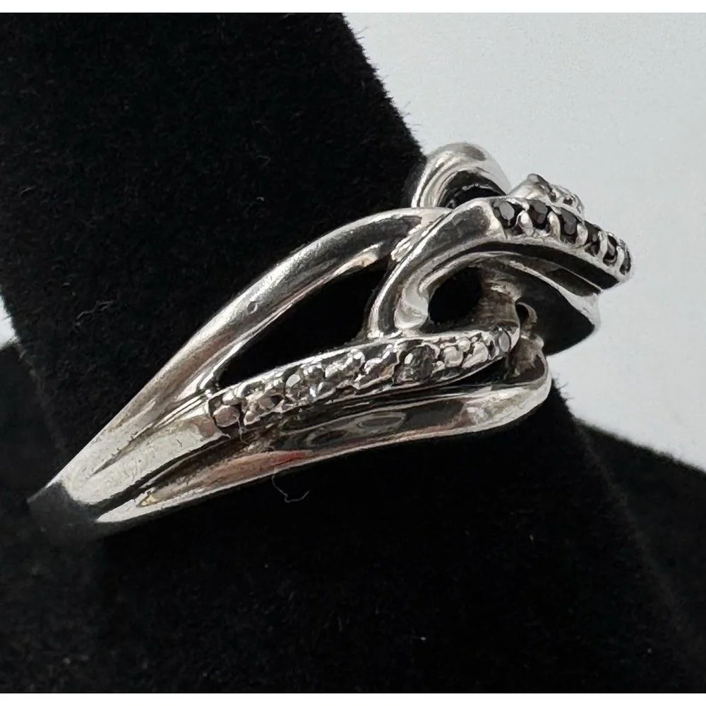 Sterling Silver 925‎ Clear & Black Diamond Crossover Anniversary Ring Size 7